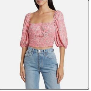 AFRM Waverly Pink Floral Puff Sleeve Smocked Ruffle Crop‎ Top BOHO , Size XL